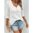 thumbnail image 3 of Women'S Long Sleeve Waffle Knit Shirts Dressy Casual Loose Button Up V Neck Henley Tops Fall Basic Tee Blouse White XXL, 3 of 5