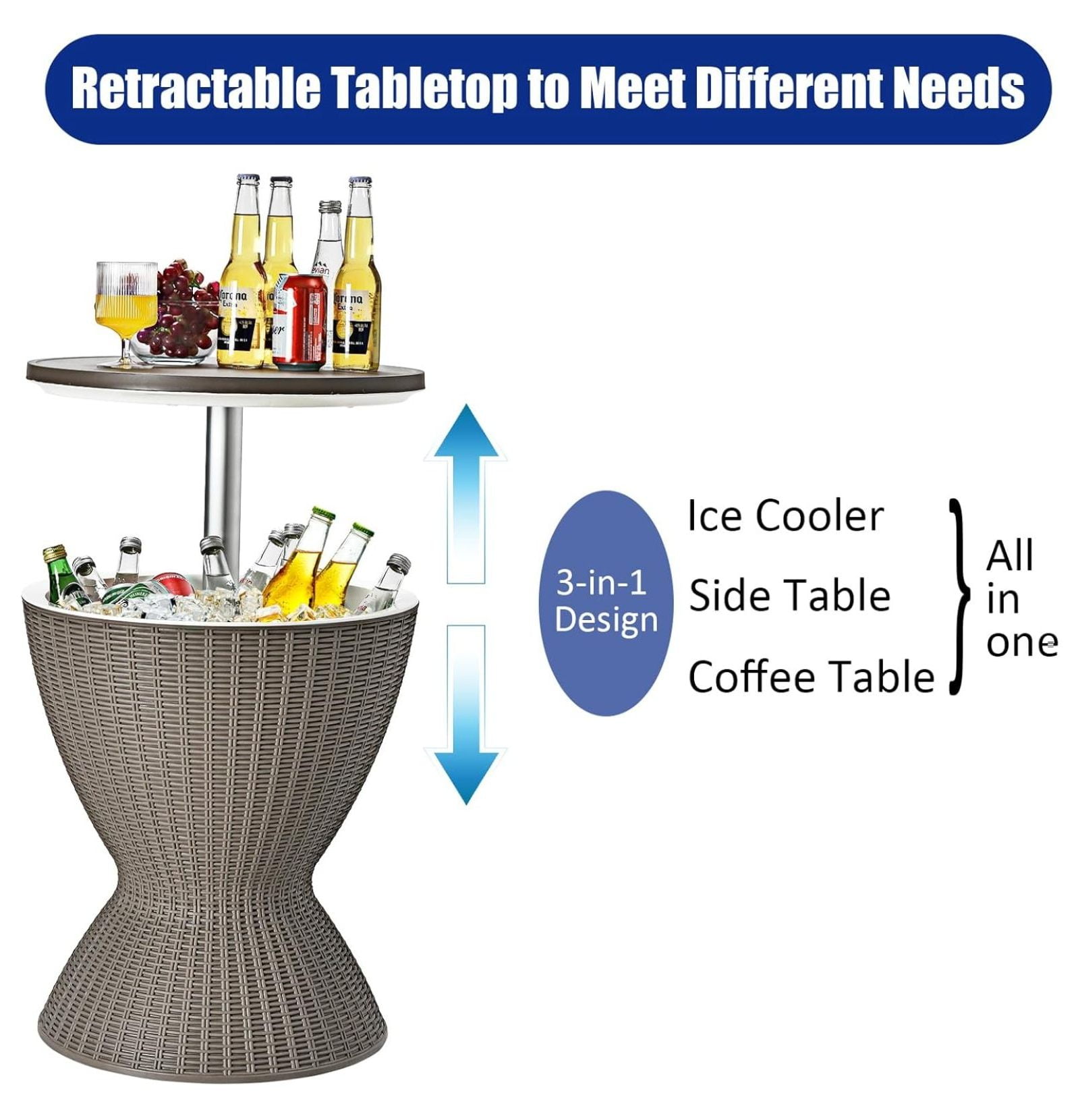 Cool Bar Table, 8 Gallon Rattan Patio Bar Cooler with Ice Bucket & Height Adjustable , Beer & Wine Cooler, Outdoor Indoor Cocktail Coffee Table for Patio Party Pool Deck (Brown)