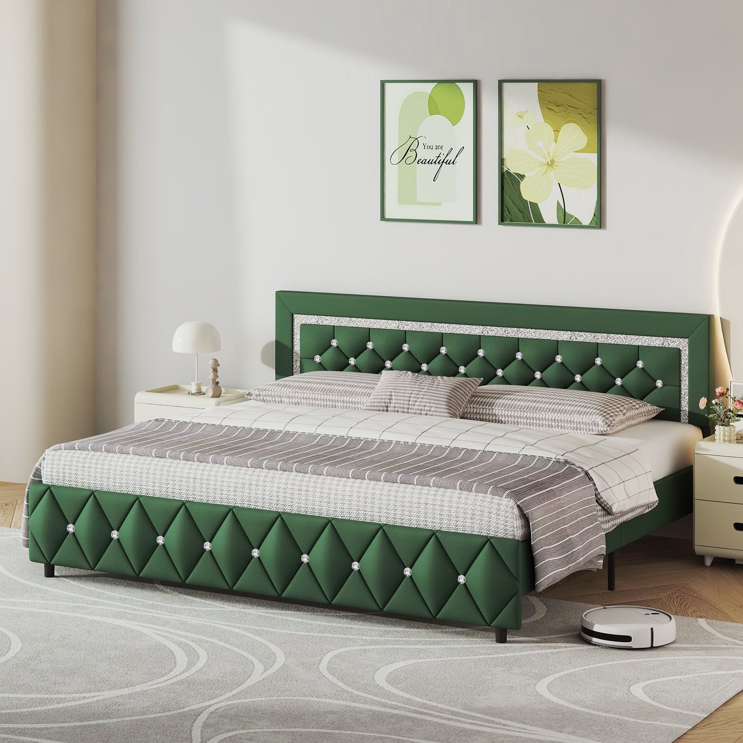 4 EVER WINNER King Bed Frame, Upholstered Platform Bed Frame with Headboard and Footboard, Diamond Headboard and Footboard Design, Green