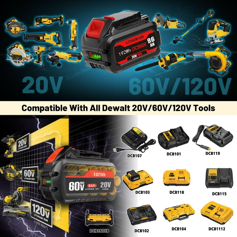 TenHutt 9.6Ah Replace Battery for Dewalt 60V Flexvolt Battery Max for 20V 60v Dewalt Cordless Power Tools DCB606 DCB612 DCB206 DCB204 Li ion Battery High Capacity 3rd version C31 Walmart
