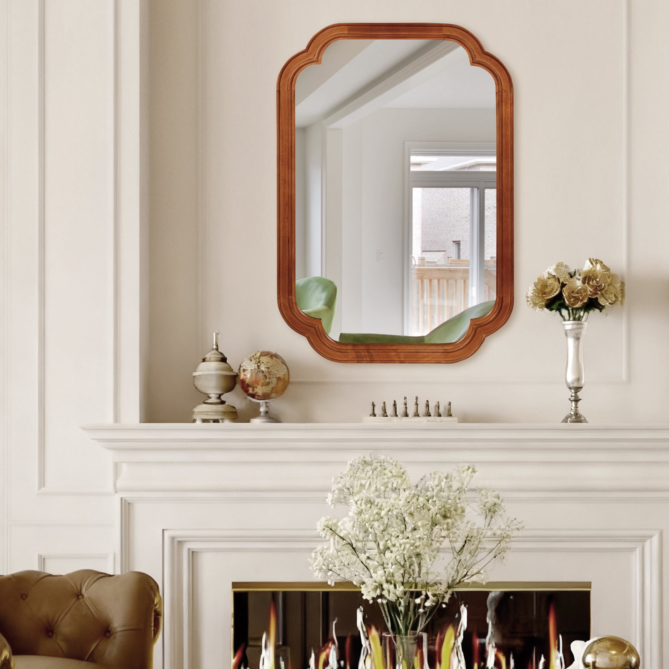 Noble House 20"x30" Rounded Corner Wall Mirror, Solid Wood Decorative Vanity Mirror, Yellowish
