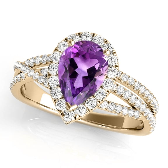 Mauli Jewels 2.34 Carat Amethyst and Diamond Ring for Women – Pear-Shaped Gemstone Ring in 10K Yellow Gold, Shared-Prong Setting