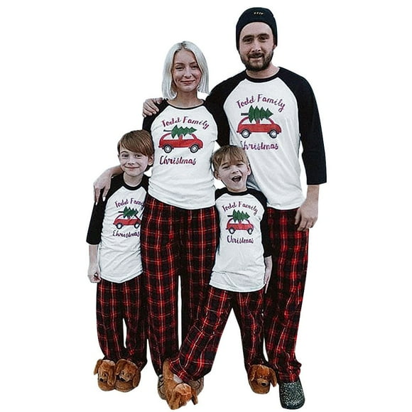 Family Matching Christmas Pajamas Cartoon letter Tops lattice Pants Sleepwear Sets