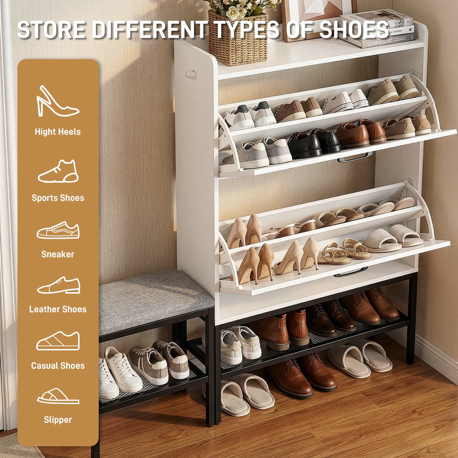 Ktaxon Farmhouse Shoe Cabinet w/ Bench, Entryway Shoe Storage Cabinet Shoe Rack Organizer for Hallway Bedroom Closet Living Room Home Apartment, White