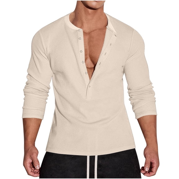 USNSM Men's Waffle Henley Shirts Long Sleeve T-Shirt Stylish Casual V-neck Button Placket Slim Fit Tee Thermal Underwear Beige XL