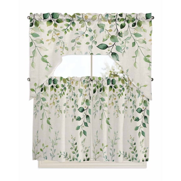 Green Eucalyptus Kitchen Curtain and Valance Set 3 Pieces,Rod Pocket Short Tier Curtains 36 Inch Length,Country Nature Leaf Succulent Plant Swag Topper Small Window Treatment for Cafe Bathroom