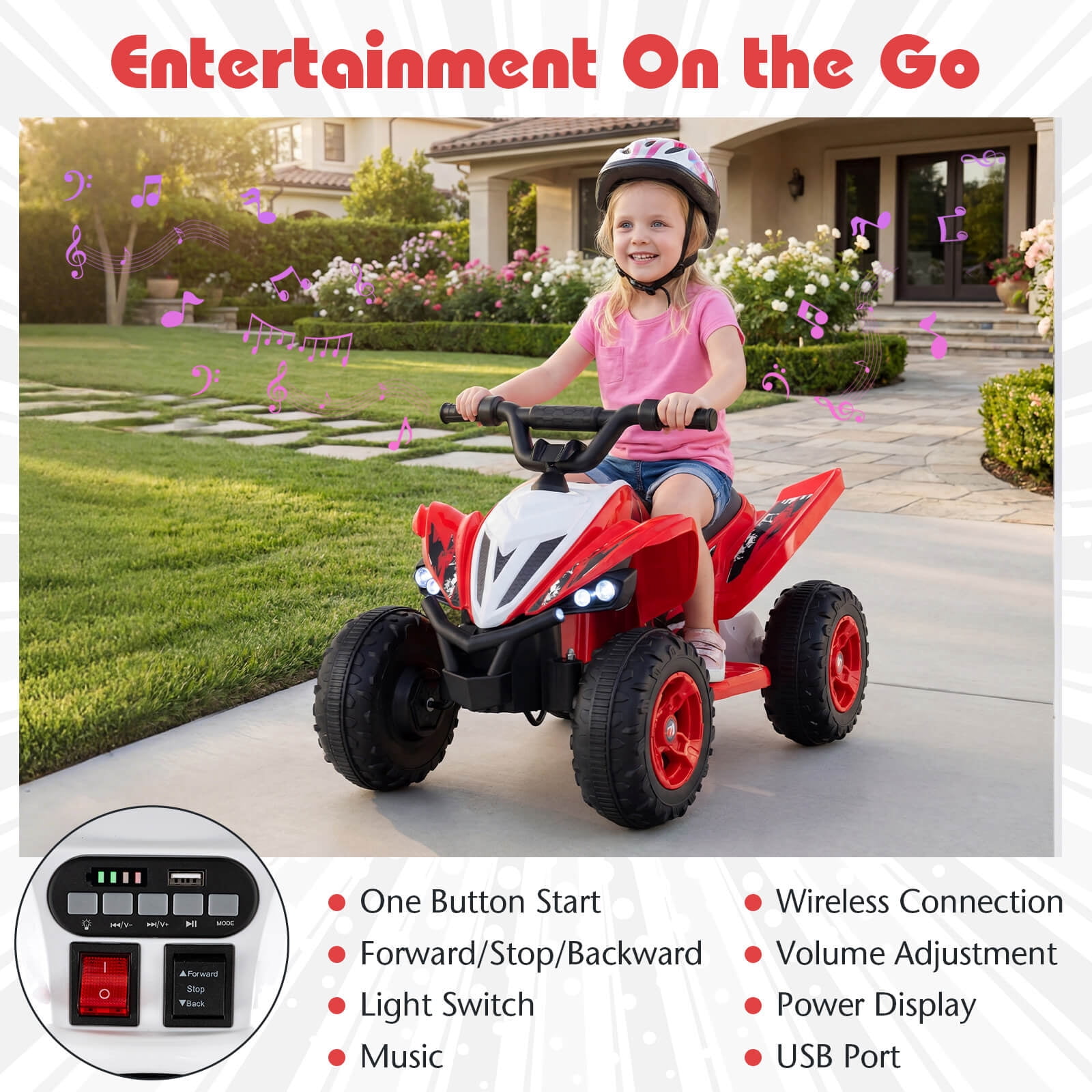 Infans 12V Quad 4 Wheeler Ride on Toy with Music, Light, USB Port, Wireless Connection