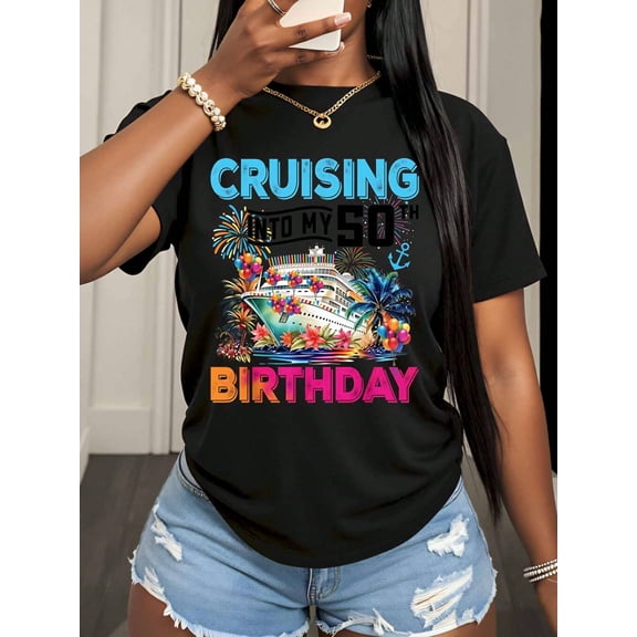 Cruising Into My 50th Birthday Shirt Cruise Ship Party Celebration T-Shirt For Women Men Birthday Gift 50 Years Old Anniversary Vacation Wear,220g