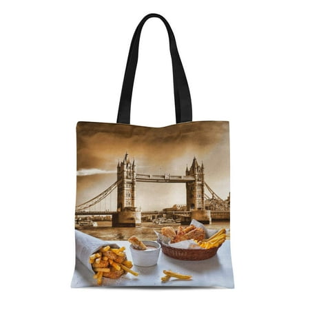 ASHLEIGH Canvas Tote Bag British Fish and Chips Against Tower Bridge in London Reusable Shoulder Grocery Shopping Bags