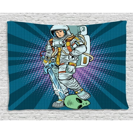 Astronaut Tapestry, Galaxy Warrior with Sword and Severed Alien Head Masculine Space Era Fighters, Wall Hanging for Bedroom Living Room Dorm Decor, 60W X 40L Inches, Teal Coconut, by Ambesonne