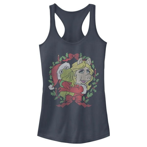Junior's The Muppets Christmas Kermit and Piggy Hug Racerback Tank Top Indigo X Large