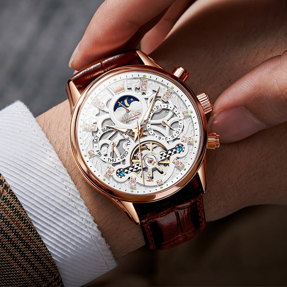 OLEVS Automatic Watches for Men Self Winding Mechanical Chronograph Skeleton Flywheel Luxury Dress Black Brown Leather Diamond Moon Phase Waterproof Luminous Mens Wrist Watches Reloj Para Hombre