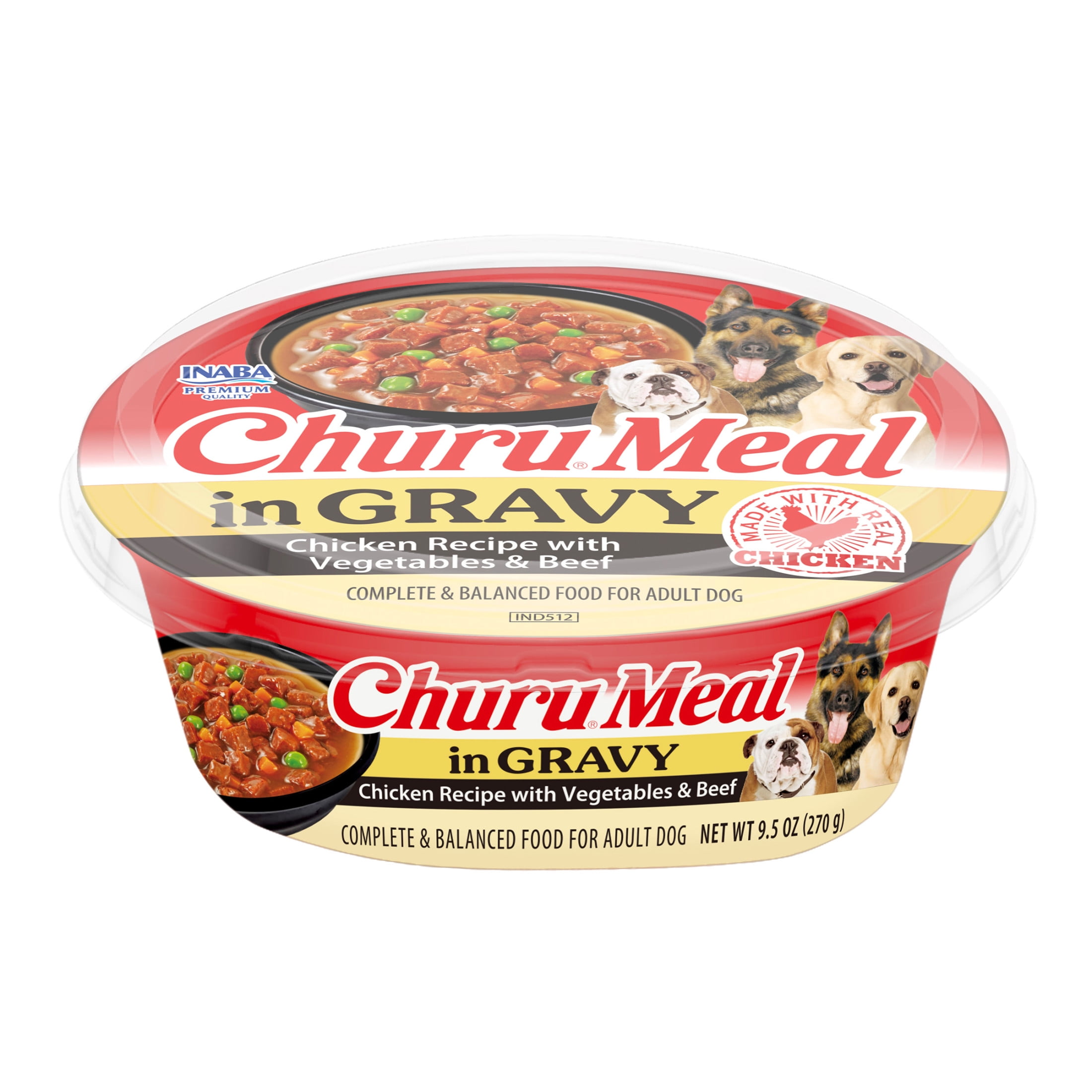 (4 pack) INABA Churu Meal in Gravy Adult Wet Dog Food, 9.5 oz cup, 1-count, Vegetable & Beef