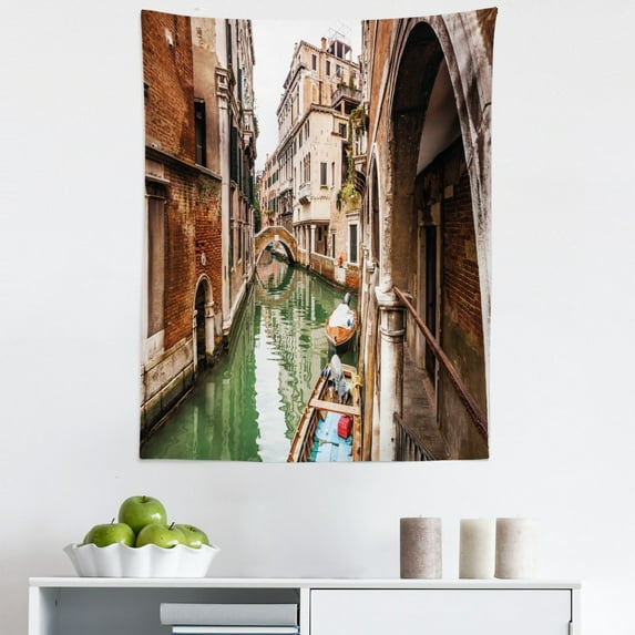 Venice Tapestry, Famous Water Canals in Italy Boats Bridge Brickwork Architecture Old City, Fabric Wall Hanging Decor for Bedroom Living Room Dorm, 5 Sizes, Cinnamon Jade Green, by Ambesonne