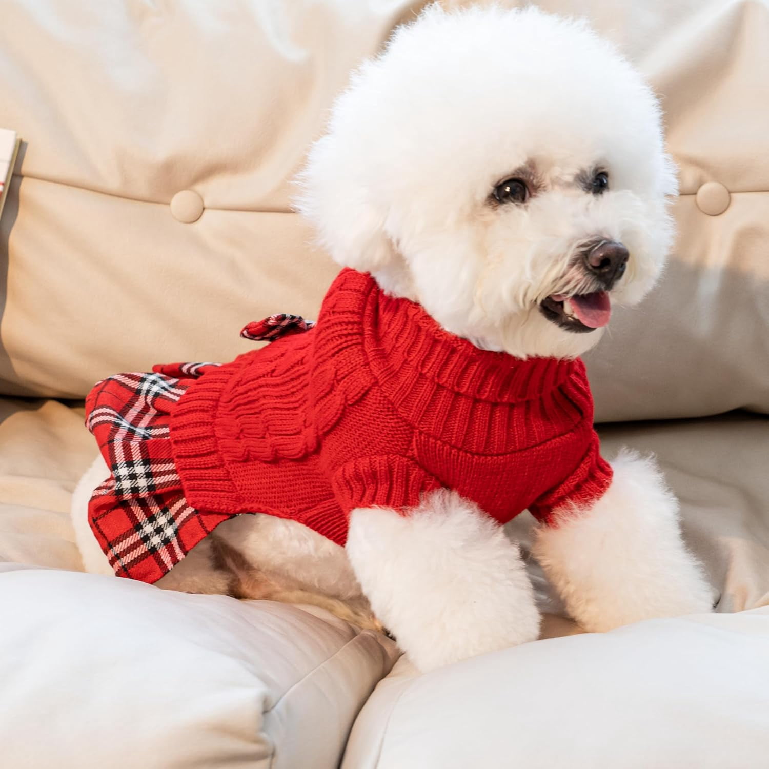 Girl Dog Sweater Dress with Bowtie Turtleneck Small Dogs Sweater with Leash Hole, Knitted Small Dog Sweaters Dress Puppy Winter Clothes for Yorkies Chihuahua (Large, Red)