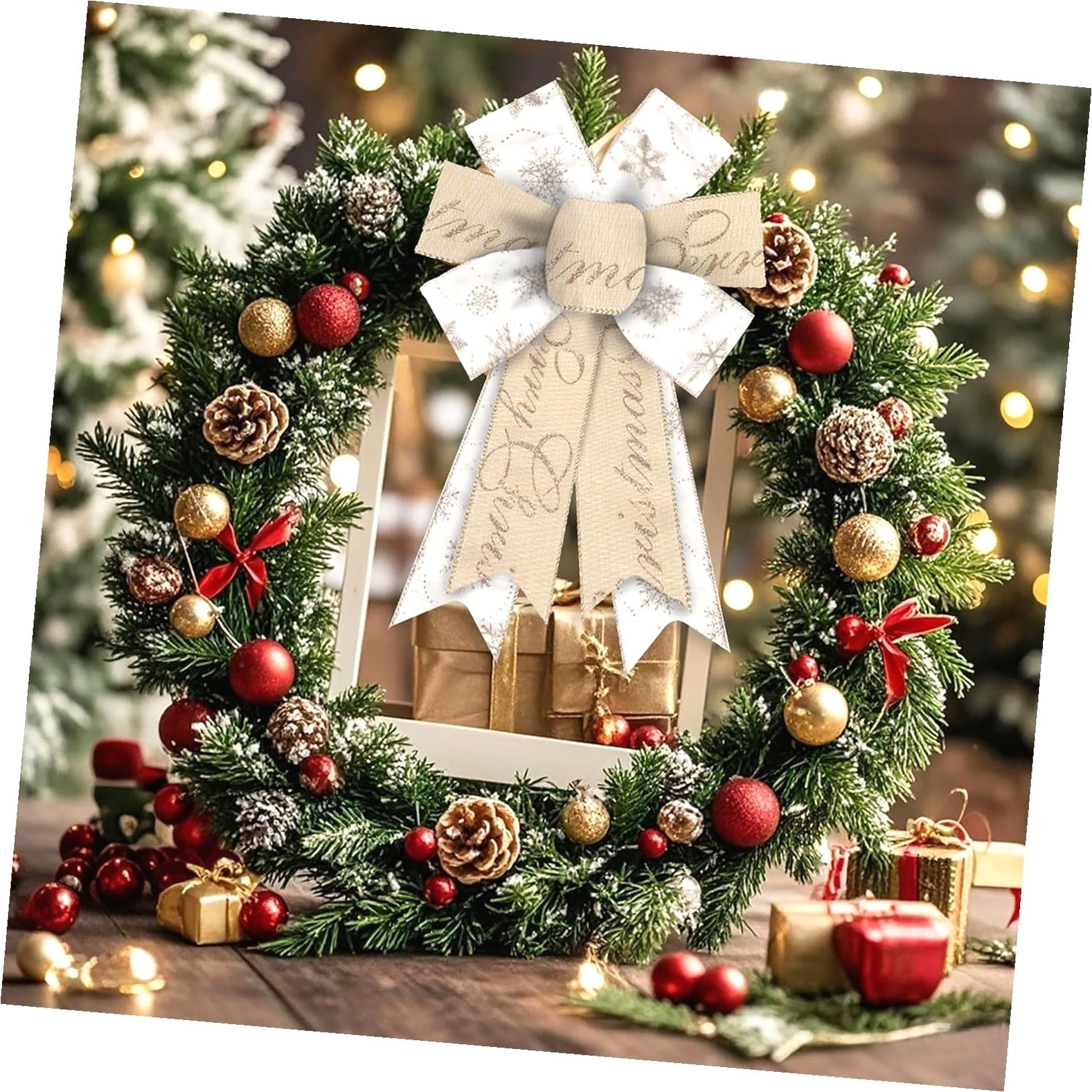 Fuliko 2-Piece Christmas Bows for Wreaths, 8.46 12.99 Inch Beige and White Bow Featuring Merry Christmas and Snowflake Pattern, Wired Craft Bow for