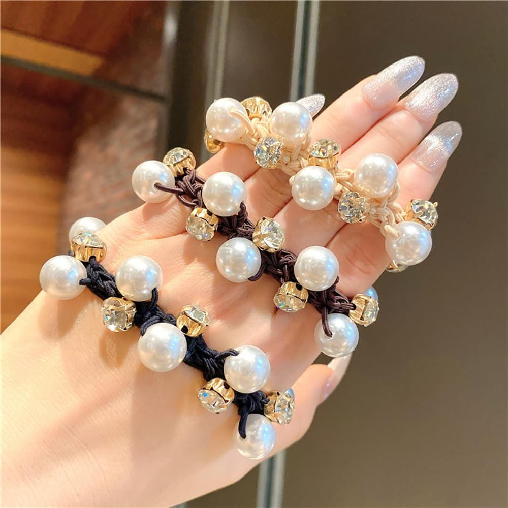 9Pcs Handmade  Pearl and Crystal Hair Accessories: Stretchy Scrunchies, Hair Bands, Ponytail Holders, and Hair Ropes for Women and Girls