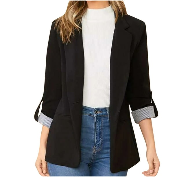 Chaqueta de punto con bolsillo de manga larga a rayas de costura de color sólido para mujer Pompotops qwe17347