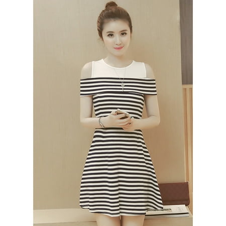 Women Fashion Stripe Splicing Off Shoulder Dress Simple A-line Dress off shoulder black and white dress