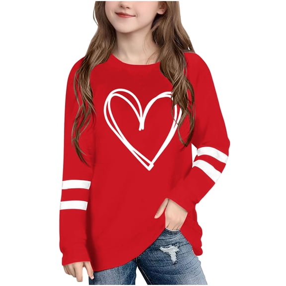 T-Shirt Girls Boys Kid Heart Print Cotton Top Round Neck Long Sleeve Tee Casual Shirt Lightweight Soft School T-Shirt Red 7-8 Years