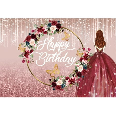 Image of Rose Gold Birthday Backdrop for Girls 7x5ft Girls Princess Sweet 16 Birthday Party Backdrop Flowers