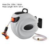KFFKFF Retractable Hose Reel, 65 ft x 5/8 inch, 180° Swivel Bracket Wall-Mounted, Garden Water Hose Reel with 9-Pattern Nozzle, Automatic Rewind, Lock at Any Length, and Slow Return System