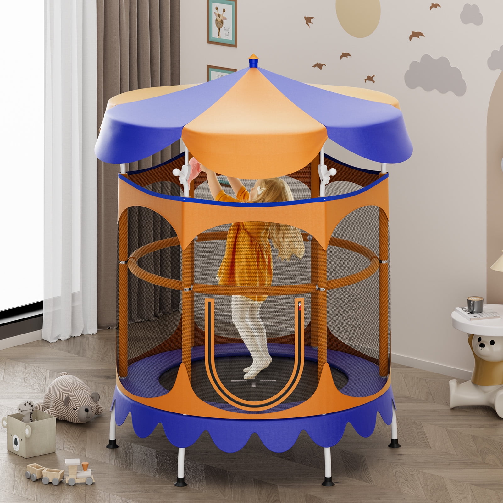 Infans 64" Kids Trampoline w/ Detachable Canopy Safety Enclosure Net Foam Handle Orange