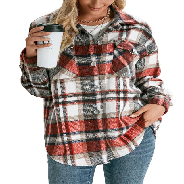 Veste Décontractée à Carreaux pour Femmes, Col à Revers, Manches Longues, Manteau Chemise, Automne Hiver, Doublé, Chaud