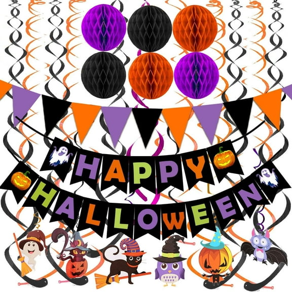 Happy Halloween Banner, Paper Triangle Flag Bunting Hanging Garland Honeycomb Ball Swirl Streamers for Halloween Party Decorations