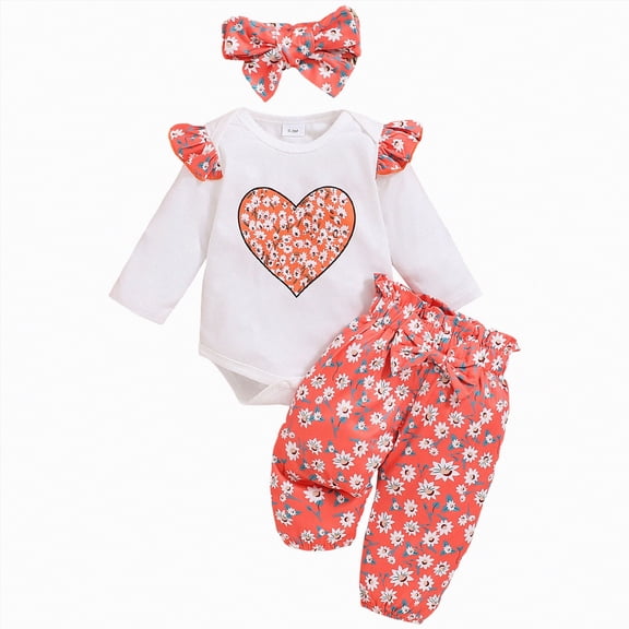 CAICJ98 Newborn Baby Girl Clothes Soft Cotton Infant Outfits Ruffles Sleeve Heart Romper & Pants Set Cute Fall Home Outing (White,3-6 Months)