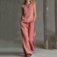 thumbnail image 2 of ZToonmas Women's 2 Piece Outfits Solid Sleeveless V Neck Henley Top and Contrast Trim Wide Leg Pants Set Casual Fashion Suit, 2 of 5