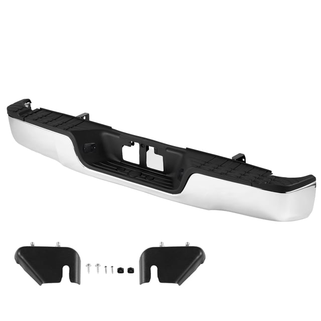 KFFKFF Chrome Rear Bumper, Fits 2007-2013 Toyota Tundra, Steel Construction, Includes License Plate Illumination & Step Pad, No Sensor Cutouts, Direct Fit for TO1103117