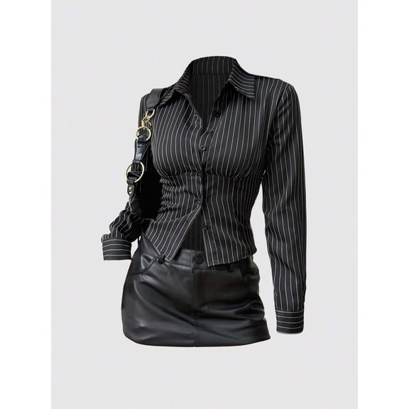 Pinstripe Button Front Fitted Shirt with Collared Neckline and Long Sleeves