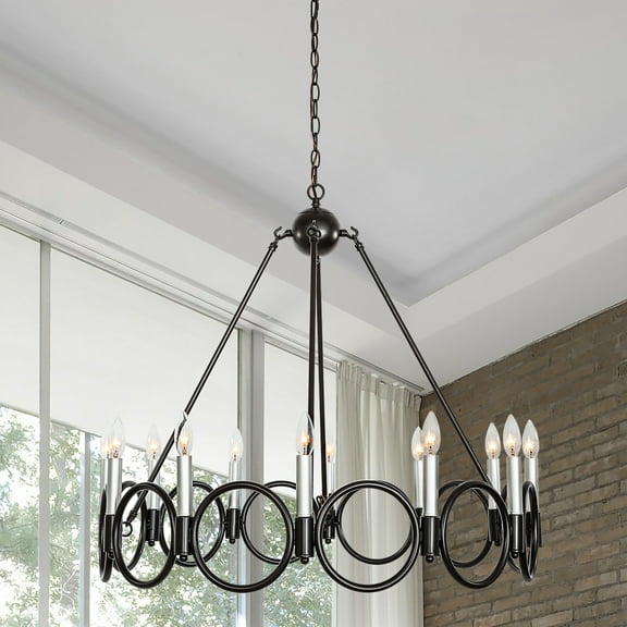 Vanity Art 12 Light Wagon Wheel Candle Style Chandelier, Modern Hanging Lighting, Ceiling Lights Fixtures for Dining Room Living Room Bed Room Kitchen, Classic Black/ White Antique Silver, 22512BK-WAS