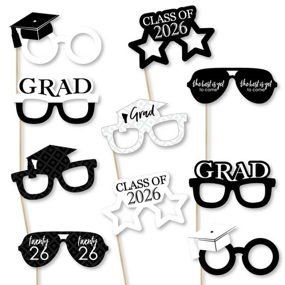 Big Dot of Happiness 2026 Black and White Graduation Glasses - Paper Card Stock Party Photo Booth Props Kit - 10 Count