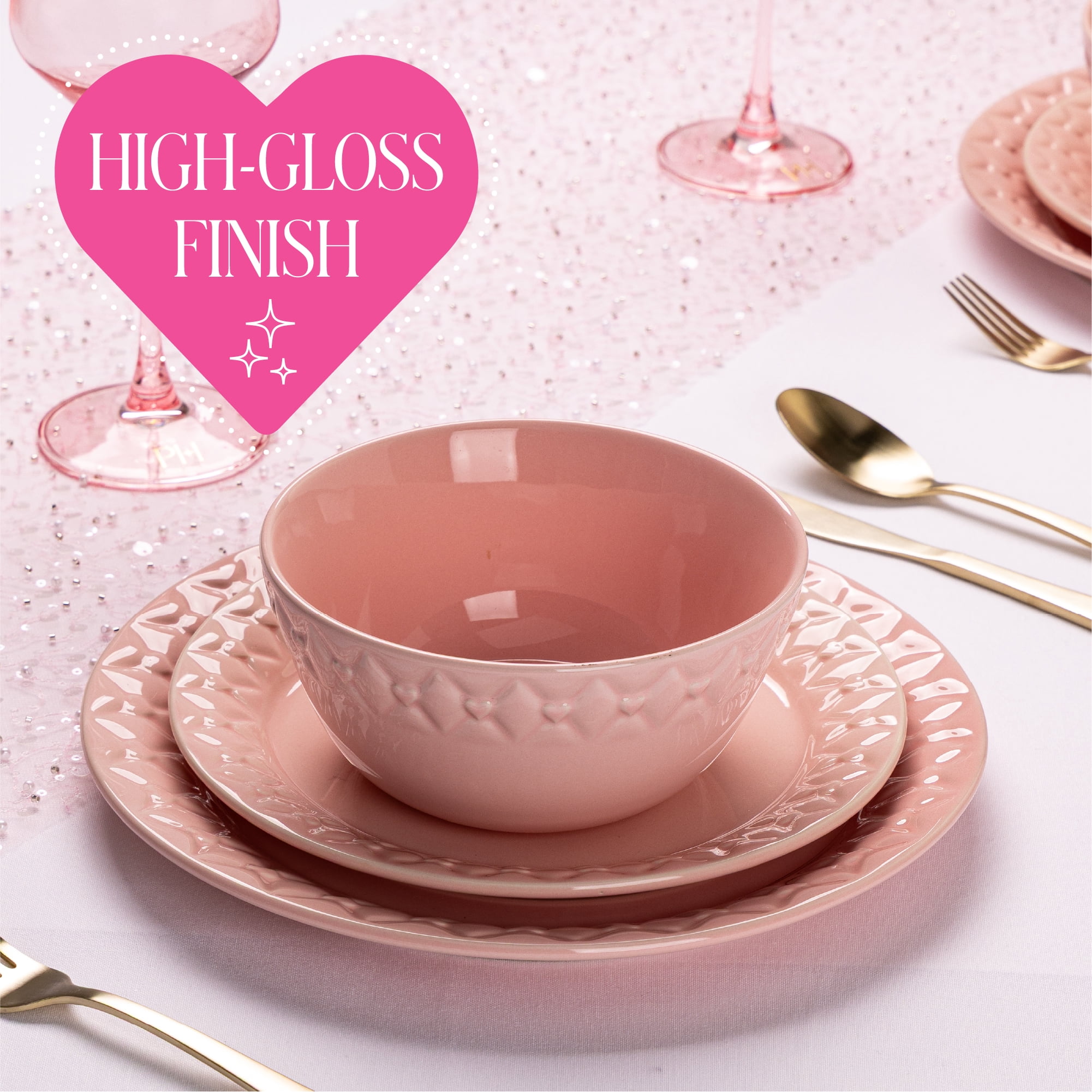 Paris Hilton Etoile Collection 12-Piece Stoneware Dinnerware Set, Plates & Bowls Dish Set, Service for 4, Microwave & Dishwasher Safe, Pink