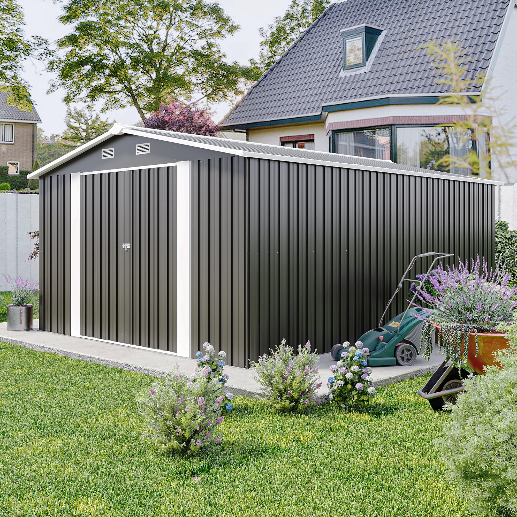 Campcraft 10x14ft Outdoor Storage Shed with 3 Lockable Doors - Heavy Duty Metal  Garden Shed,commercial-grade, triple door,fits riding mowers , Waterproof for Backyard/Patio (Dark Grey)