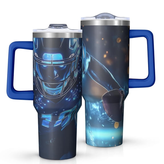 40oz Tumbler with Handle and Straw, Vacuum Insulated Stainless Steel Travel Mug, Fits Car Cup Holder, Football Print