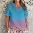 thumbnail image 2 of Dyfzdhu Linen Blouses for Women Casual Short Sleeve Vintage Gradient Print Ruffled V Neck T Shirt Lightweight Loose Fit Summer Tops Pink, 2 of 3