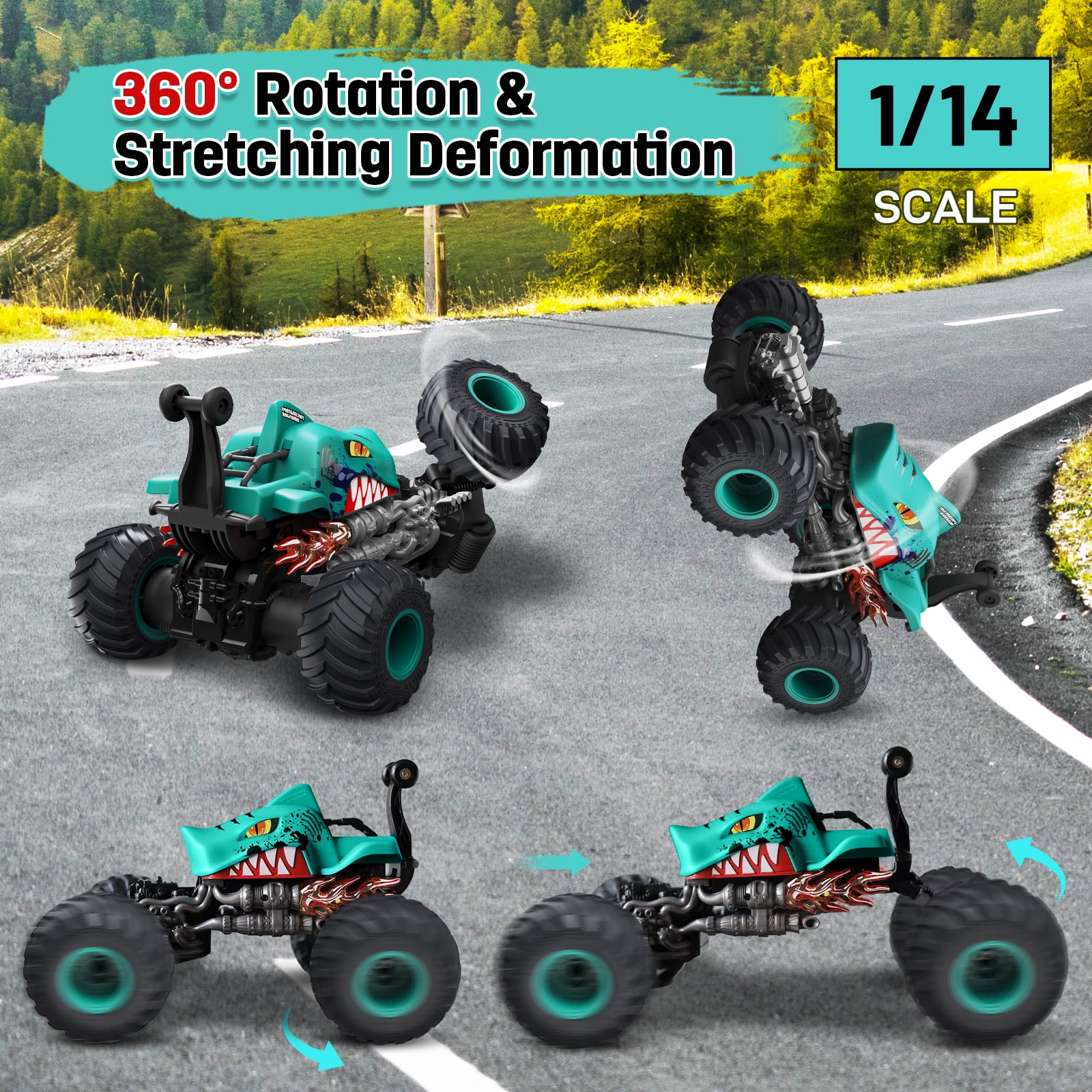 Wisairt Remote Control Monster Truck,1:14 4WD Remote Control Toys 360 Degrees Rotation Shark RC Car for Kids Boys Girls Age 5-12 Birthday Gifts(Blue)