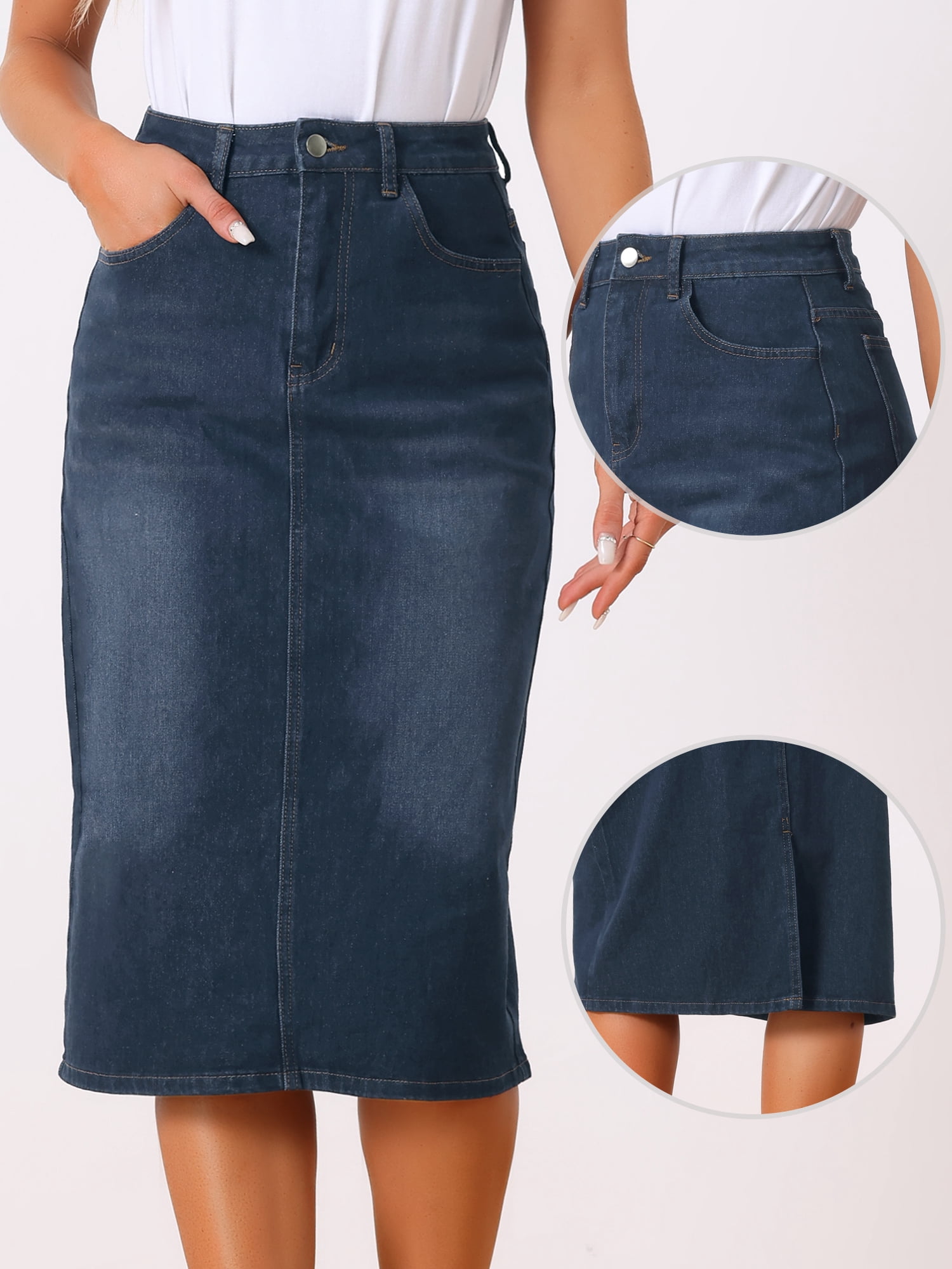 DARING DIVA Women's Zipped and Button Denim Split Back Pockets Midi Jean Skirts 2XL Black Blue