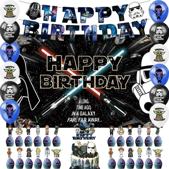 The Mandalorian Theme Cartoon style Birthday Decoration Kits，Party Supplies Including Banner, Balloons, Cake Toppers, Cupcake Toppers，Background Flag.
