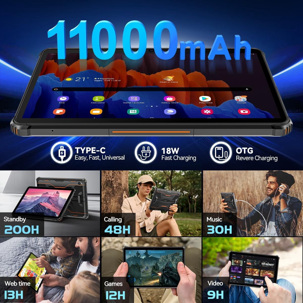 OUKITEL RT9 Rugged Tablet 10 inch Tablet Android - 24GB RAM 256GB ROM 1TB Expandable Storage, 11000mAh,16MP+16MP Camera, 4G Dual SIM Phablet Compatible with T-Mobile Tablet Computer Waterproof