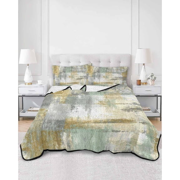Quilts Twin XL Size, Yellow Sage Green Grey Soft Comforter Bedding Set for Bed, Modern Abstract Oil Painting Vintage Lightweight Quilted Bedspread with Pillow Cover(2 Pieces) All Season, 68x98 Inch