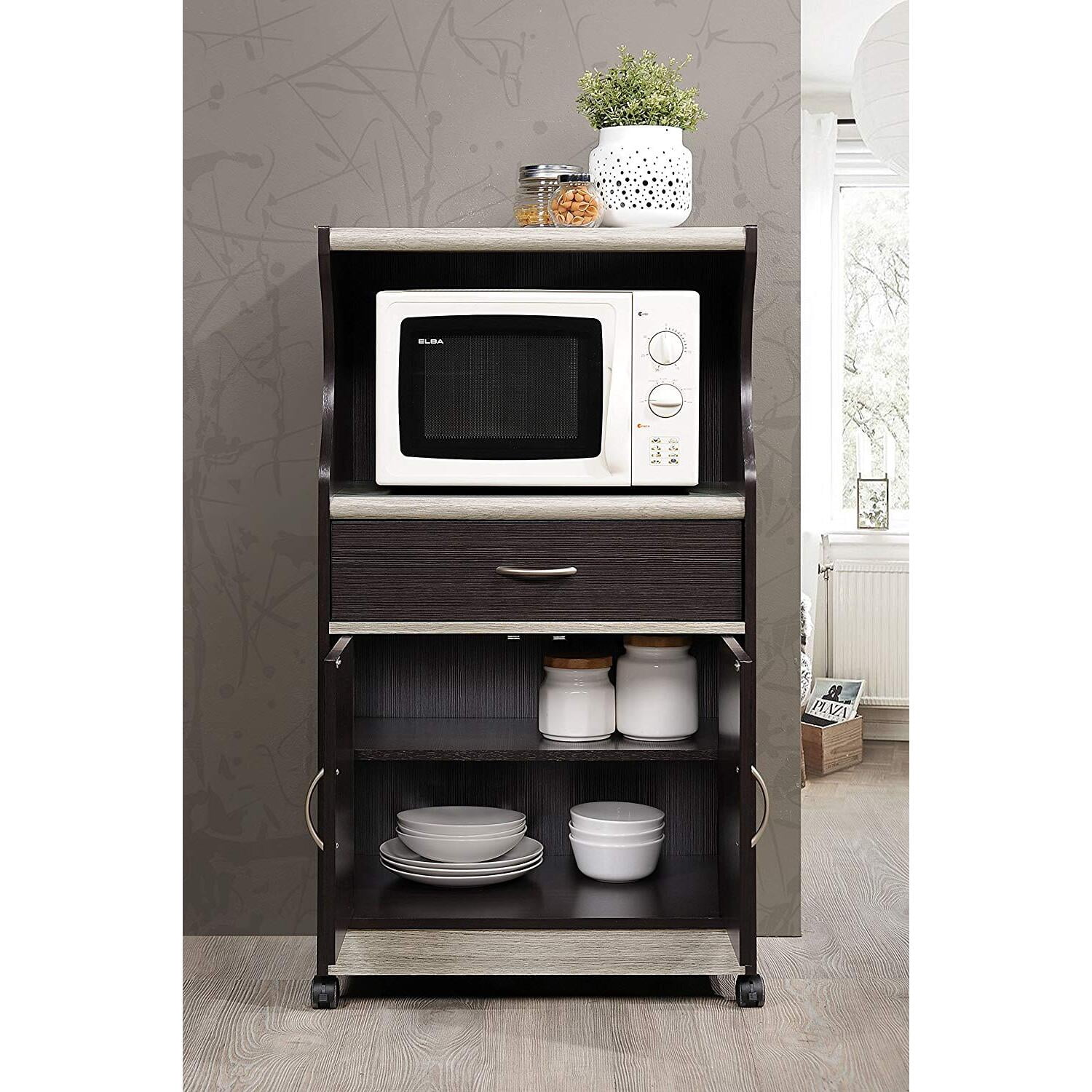 Microwave Cart Kitchen Storage - Rolling Utility Cart with Drawer & Shelves - Modern Kitchen Island Cabinet