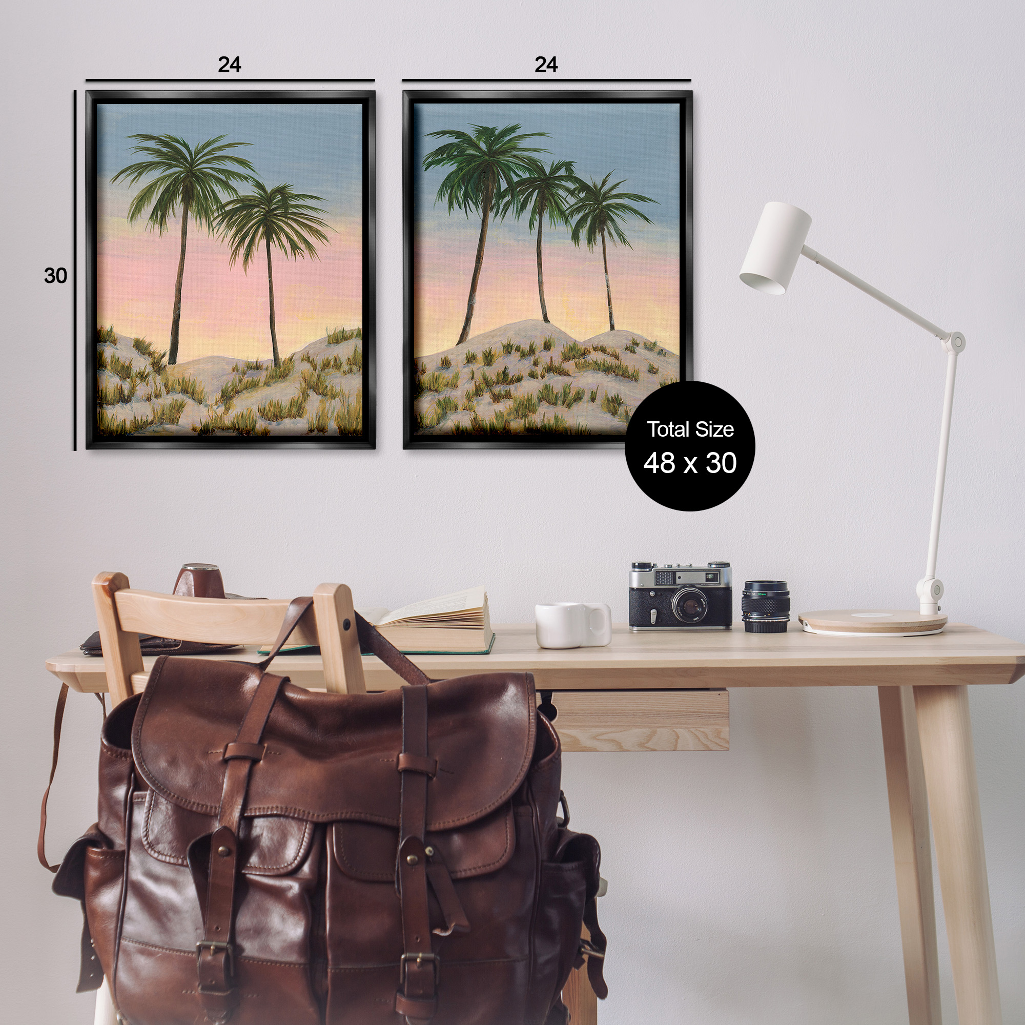 Stupell Industries Sunrise Tropical Scene Landscape Painting Black Floater Framed Canvas Art Print Wall Art, 25 x 31, Set of 2