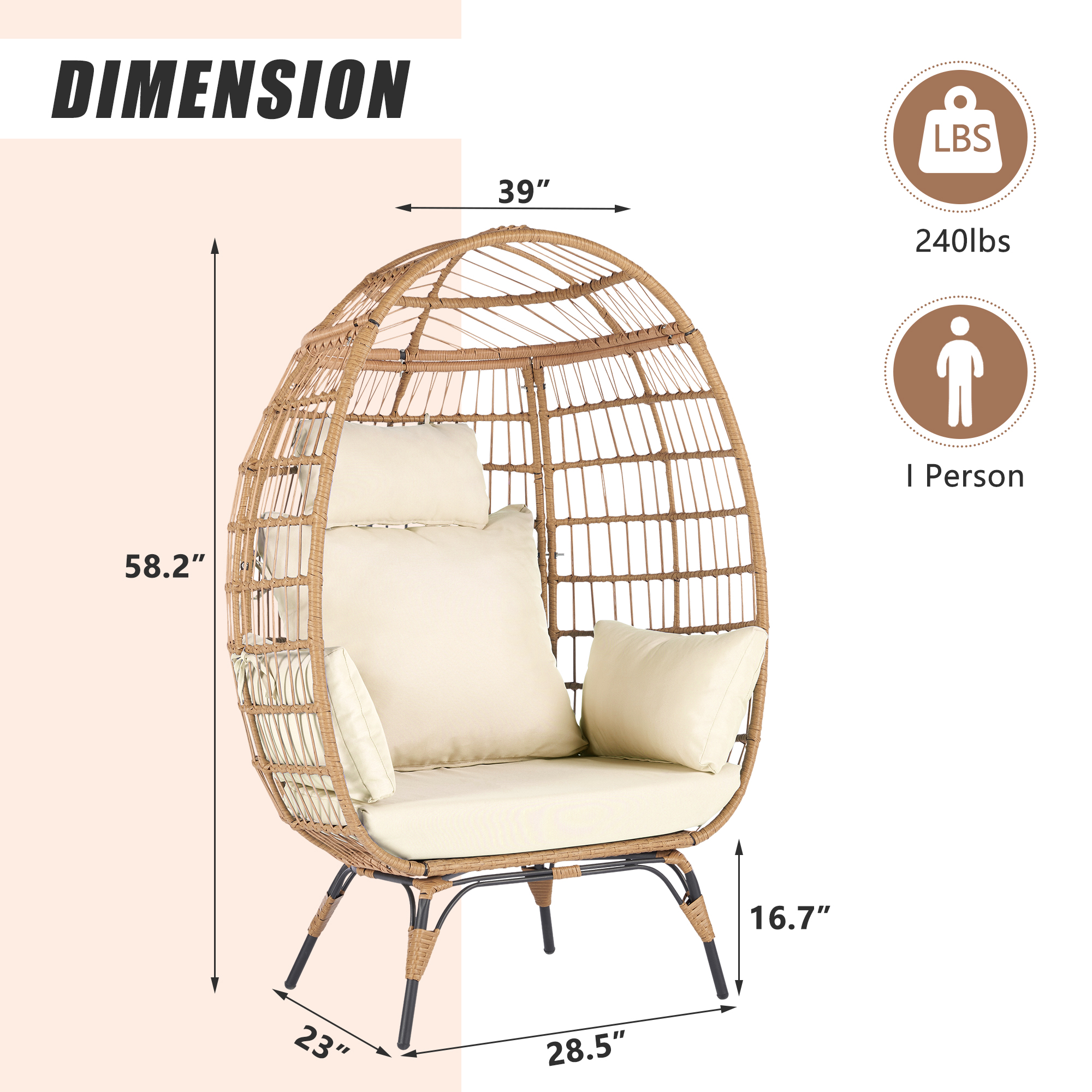 Wicker Egg Chair, Oversized Indoor Outdoor Boho Lounger Chair Stationary Egg Basket Chair, All-Weather 440lb Capacity Patio Chair, Beige - image 3 of 8