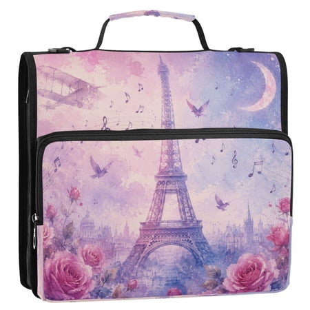 3 Ring Zipper Binder Stationery Organizer for Study Work Home Travel All-Purpose File Folder Storage Bag for Daily Document Organization Eiffel Rose Moon Print