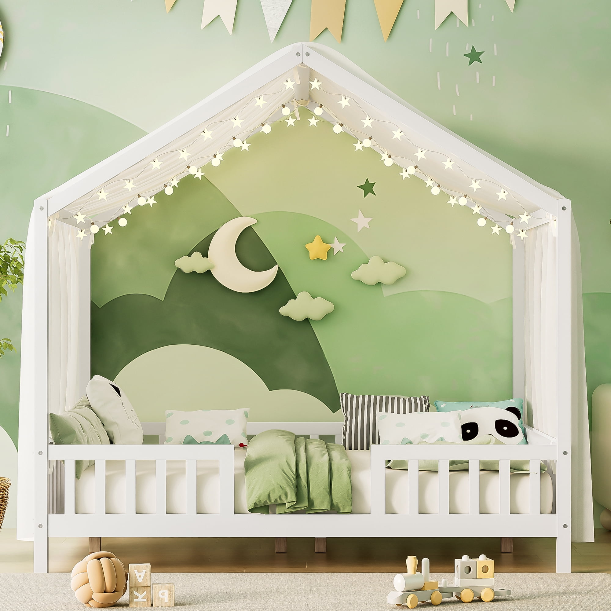 MODERNLUXE Full Size Montessori Floor Bed with Canopy,House Bed Frame with High Railings and Roof,Wood Tent Bed for Teens Girls & Boys,White