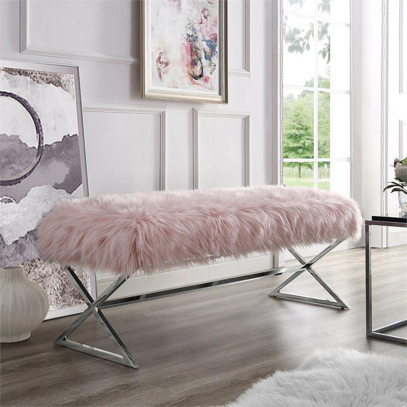 Colin Pink Fur Upholstered Bench Stainless Steel Legs Chrome Tone